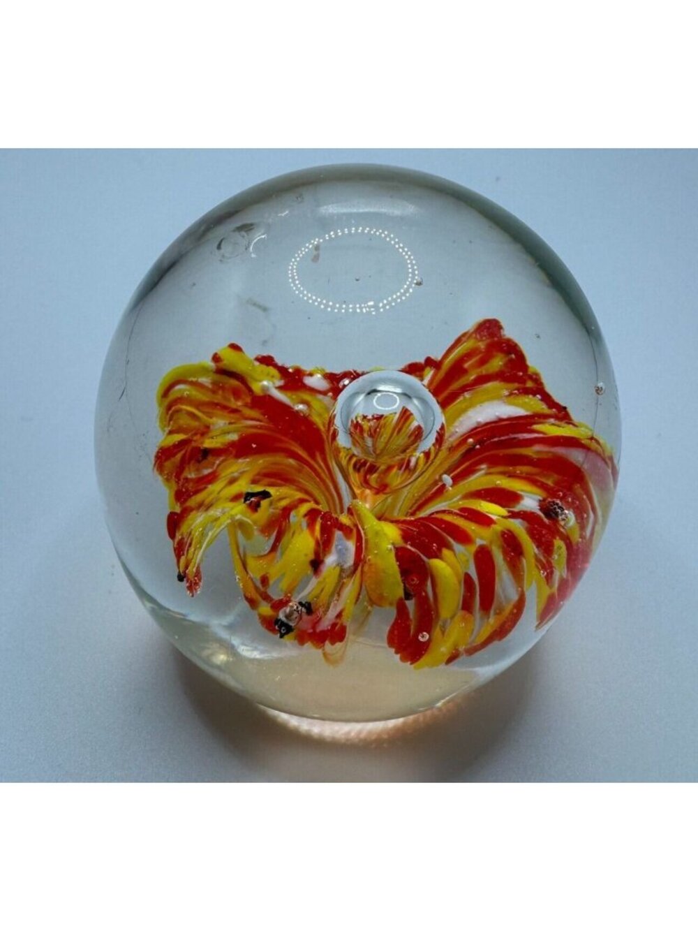 Glass Controlled Bubble Orange & Yellow Flower Art Glass Paperweight Globe